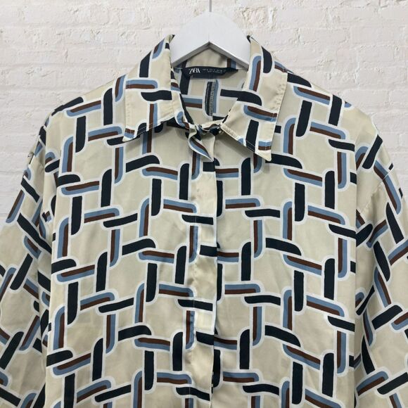 Zara Satin Retro Shirt Geo Chain Cream Blue Button Up Silky Collared Size S - Picture 4 of 16